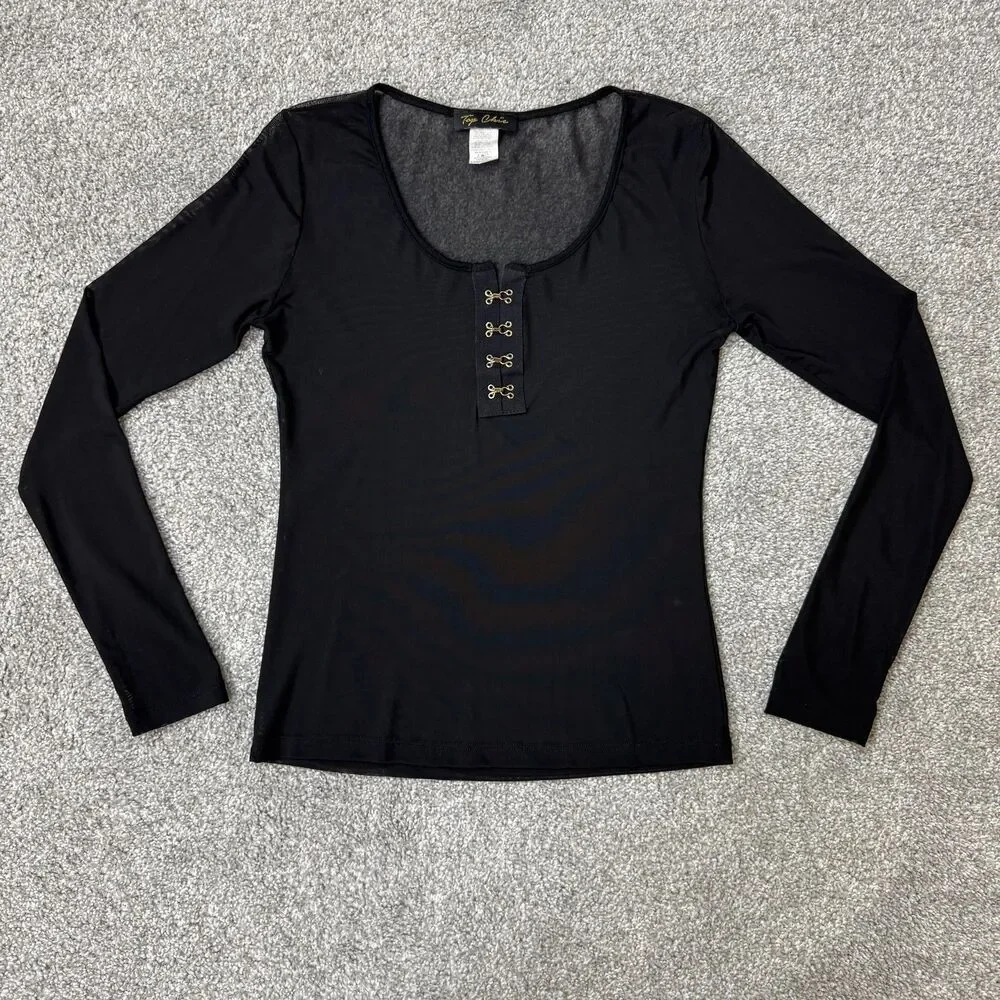 Vintage Top Chic Shirt Womens Large Black Mesh Sheer Top Grunge Punk Metal Goth